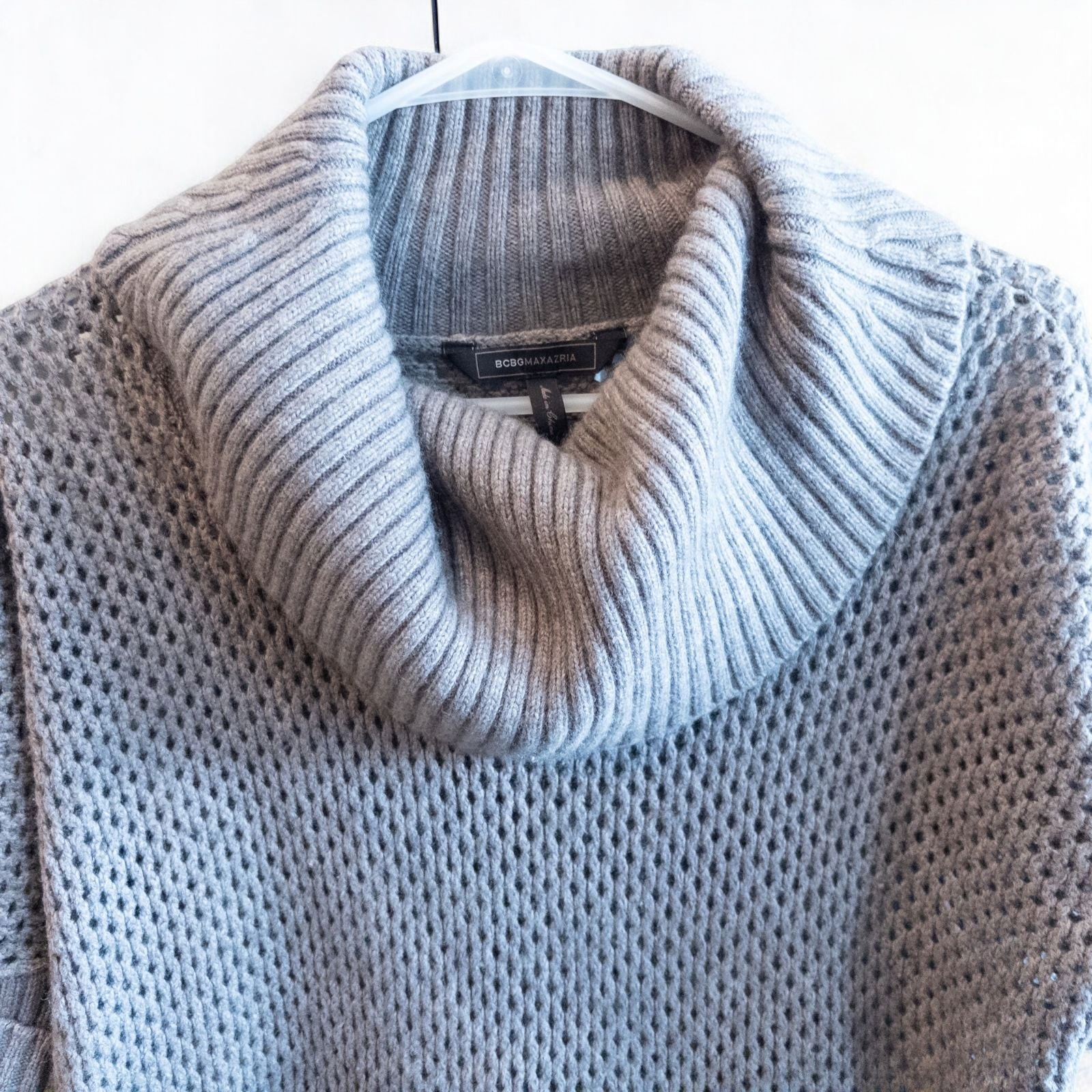 BCBGMaxazria gray dusk open knit cowl neck sweater with short sleeves and front pouch pocket image 2