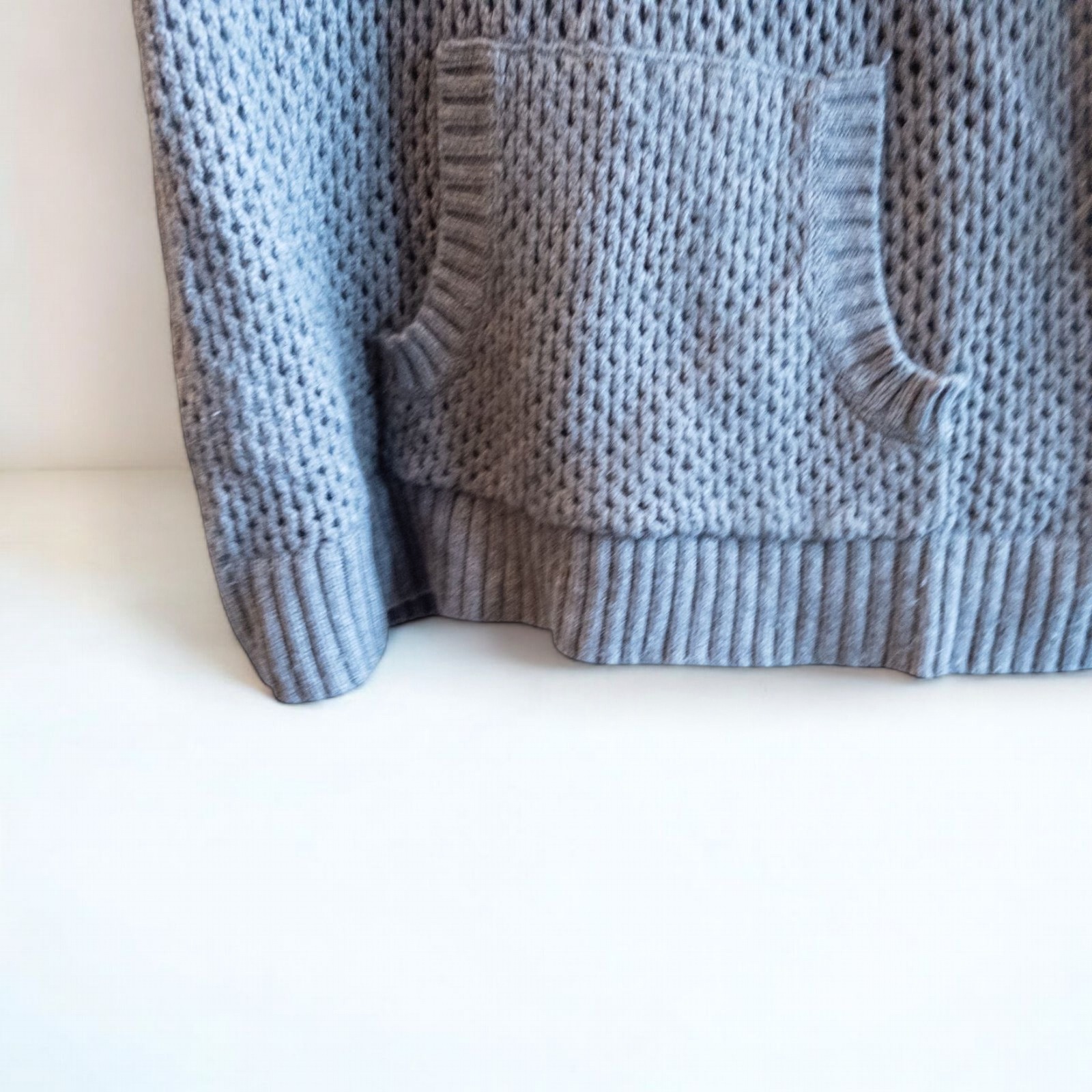BCBGMaxazria gray dusk open knit cowl neck sweater with short sleeves and front pouch pocket image 3