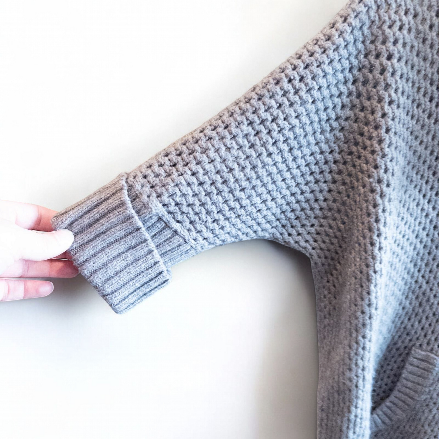 BCBGMaxazria gray dusk open knit cowl neck sweater with short sleeves and front pouch pocket image 5