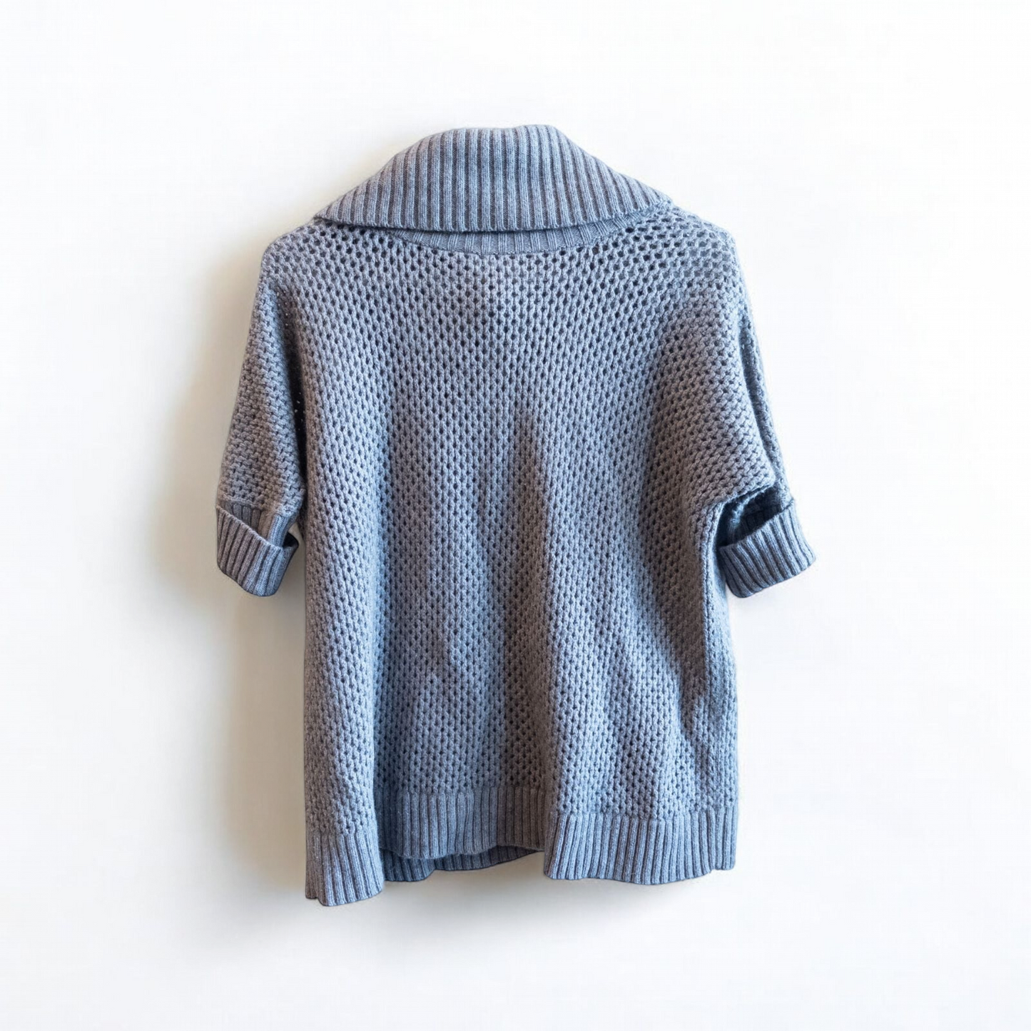 BCBGMaxazria gray dusk open knit cowl neck sweater with short sleeves and front pouch pocket image 6
