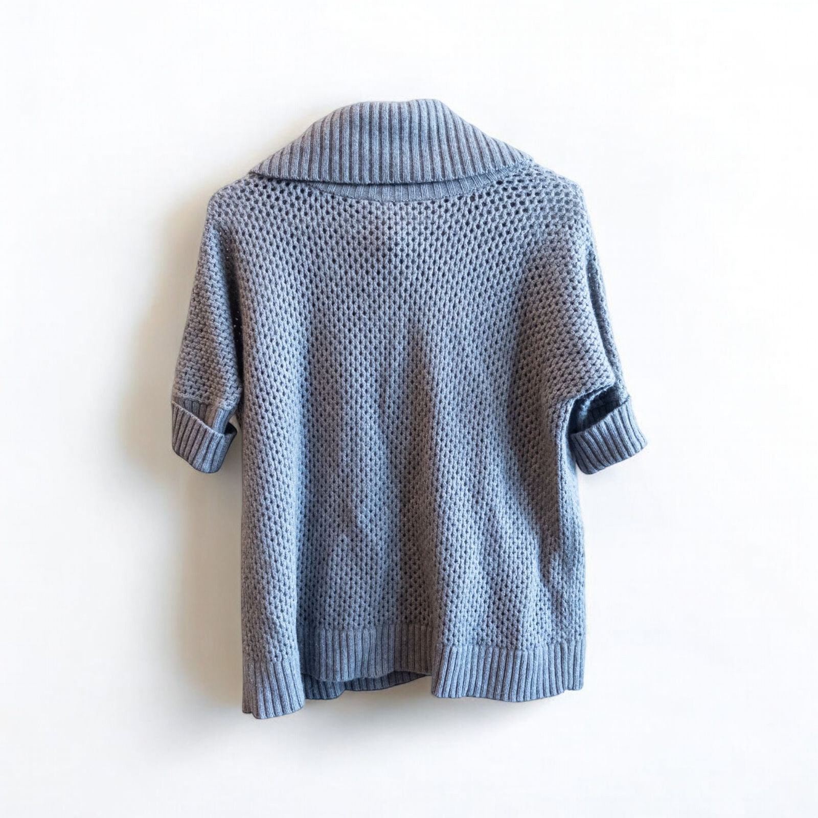 BCBGMaxazria gray dusk open knit cowl neck sweater with short sleeves and front pouch pocket image 6