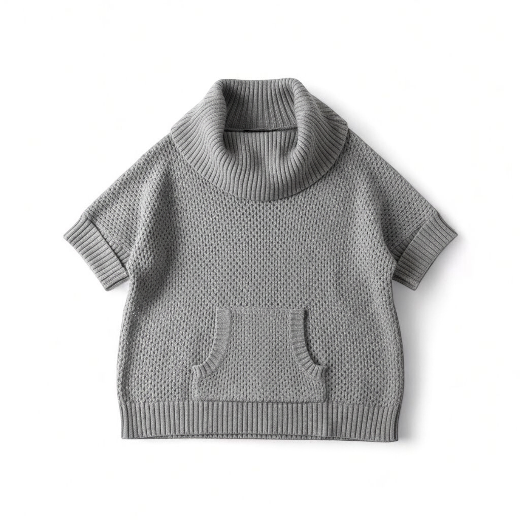 BCBGMaxazria gray dusk open knit cowl neck sweater with short sleeves and front pouch pocket front on white muslin photography backdrop