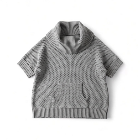 BCBGMaxazria gray dusk open knit cowl neck sweater with short sleeves and front pouch pocket front on white muslin photography backdrop