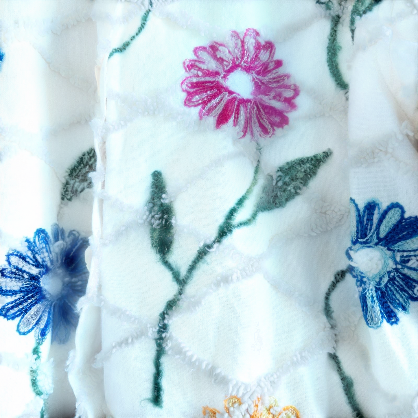 Keren Hart vintage embroidered flower jacket in white with multicolor floral embroidery on a woman and hanging on hangers image 8