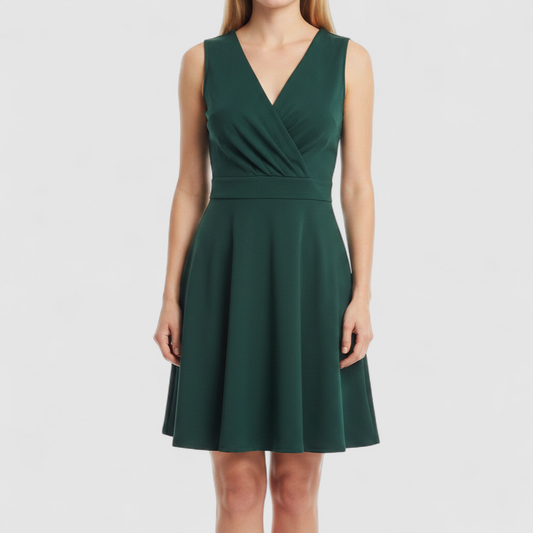 Lulus green sleeveless mini dress with deep v-neck and back zipper hanging on white hanger on model