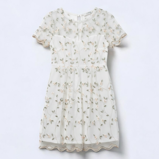 Angelas Fashion white floral embroidered cottagecore mini dress sheer with short sleeves on hanger front on white muslin photography backdrop