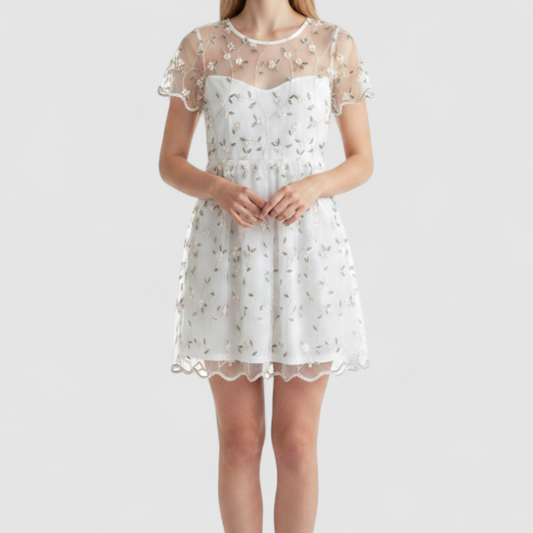 Angelas Fashion white floral embroidered cottagecore mini dress sheer with short sleeves on hanger on model