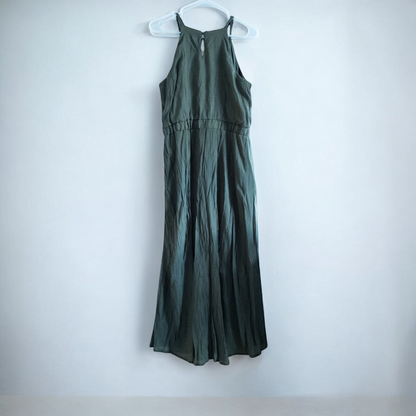 Luxology green slit maxi dress hanging on a hanger in front of a mirror image 5