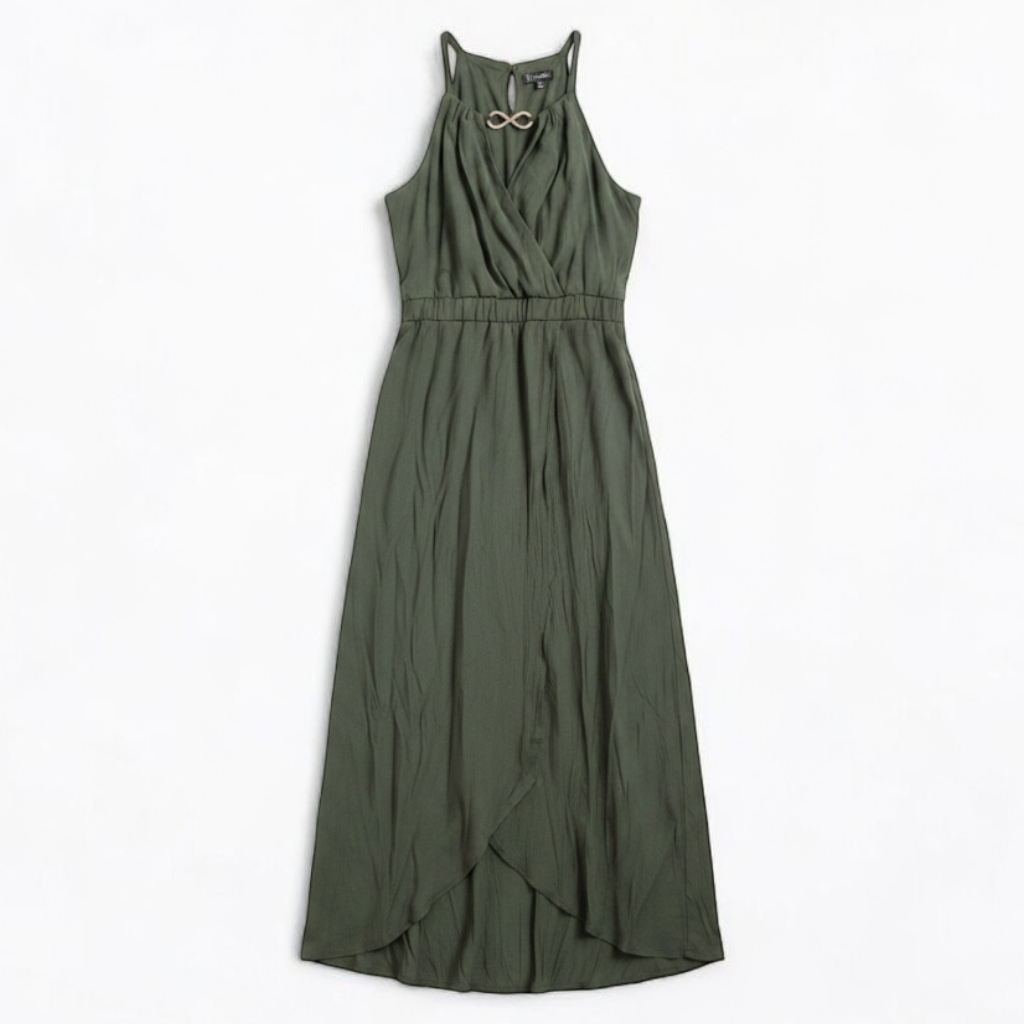 Luxology green slit maxi dress hanging on a hanger in front of a mirror front on white muslin photography backdrop