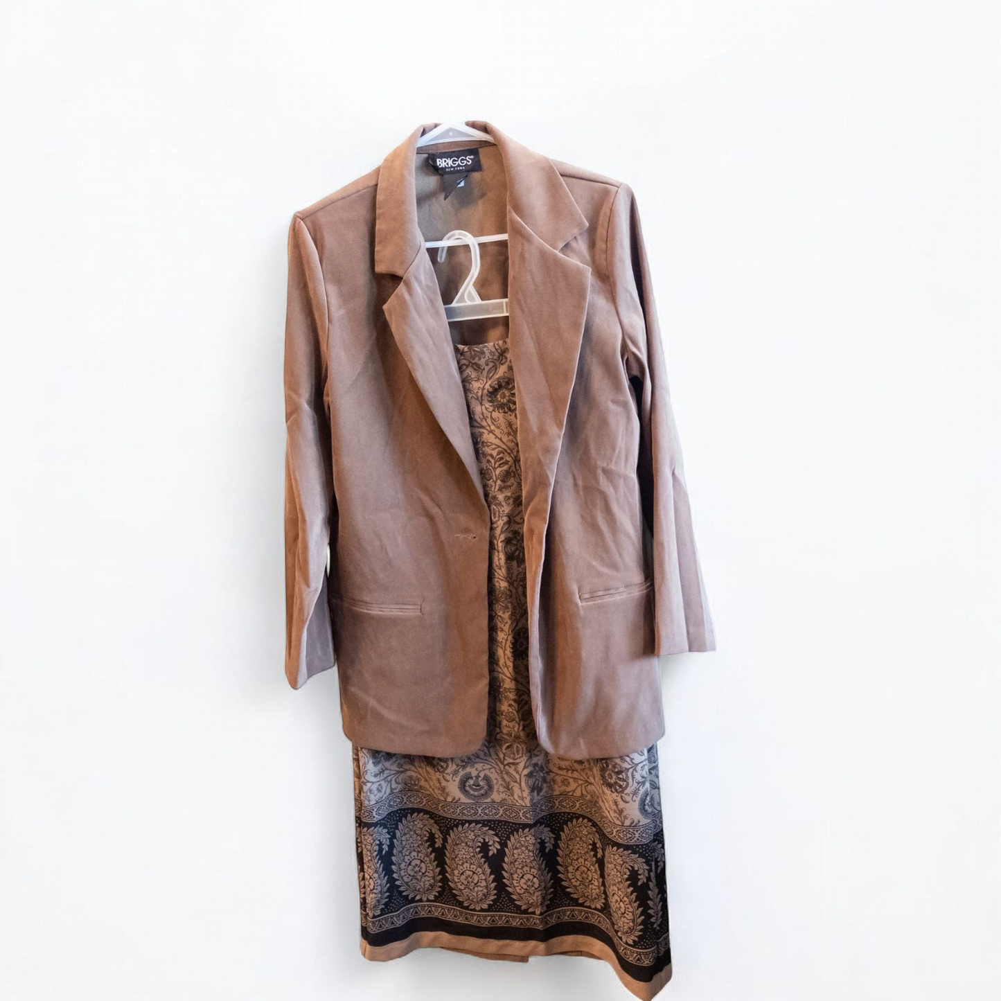 Briggs brown suede longline jacket with padded shoulders and paisley maxi skirt set sized women's 8