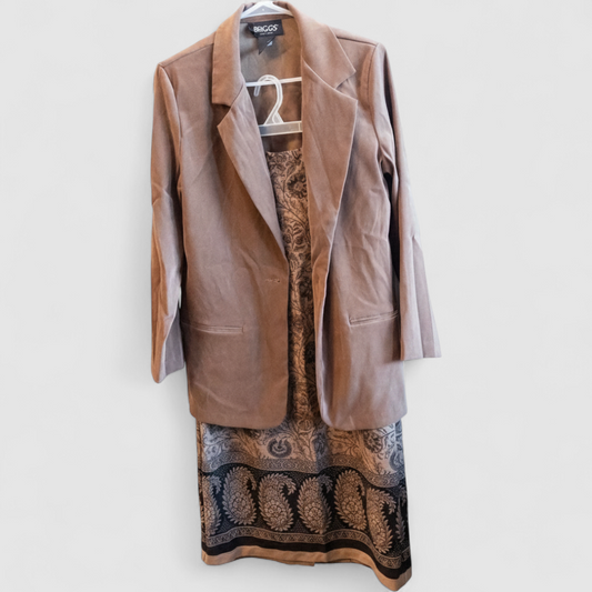 Briggs brown suede longline jacket with padded shoulders and paisley maxi skirt set sized women's 8 on model