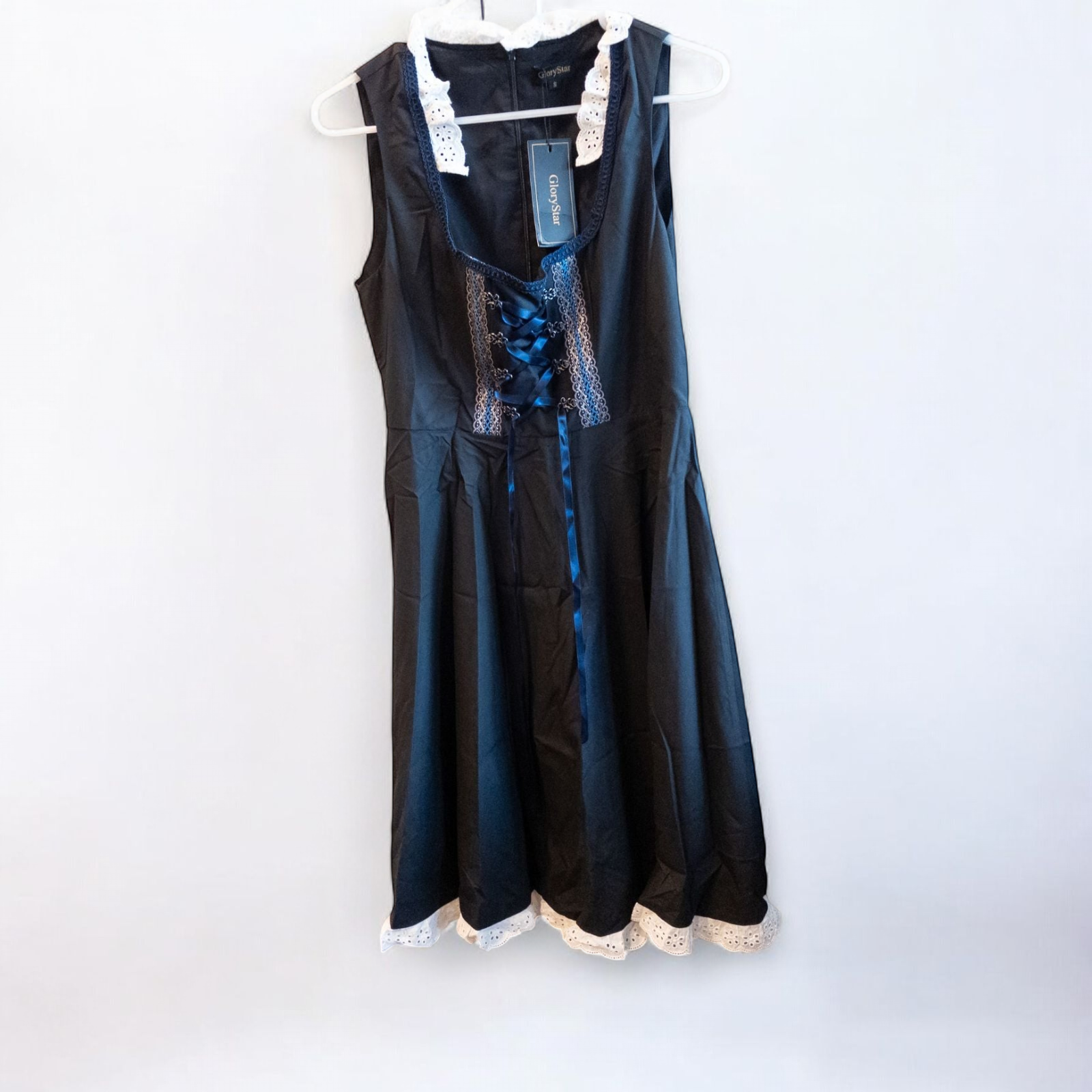Glorystar vintage German Oktoberfest costume black dress with lace blouse and blue apron set hanging on white door image 2