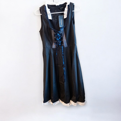 Glorystar vintage German Oktoberfest costume black dress with lace blouse and blue apron set hanging on white door image 2