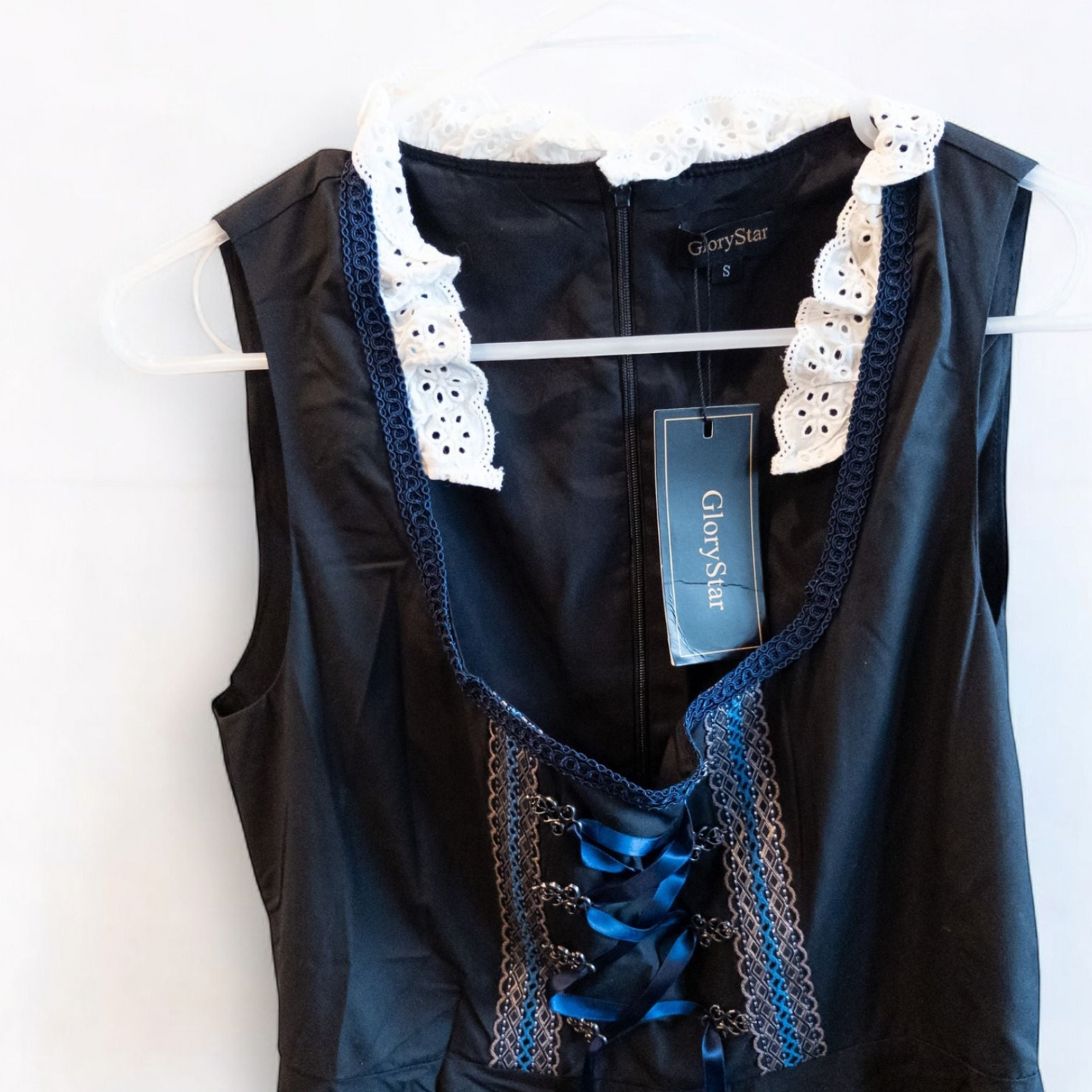 Glorystar vintage German Oktoberfest costume black dress with lace blouse and blue apron set hanging on white door image 3