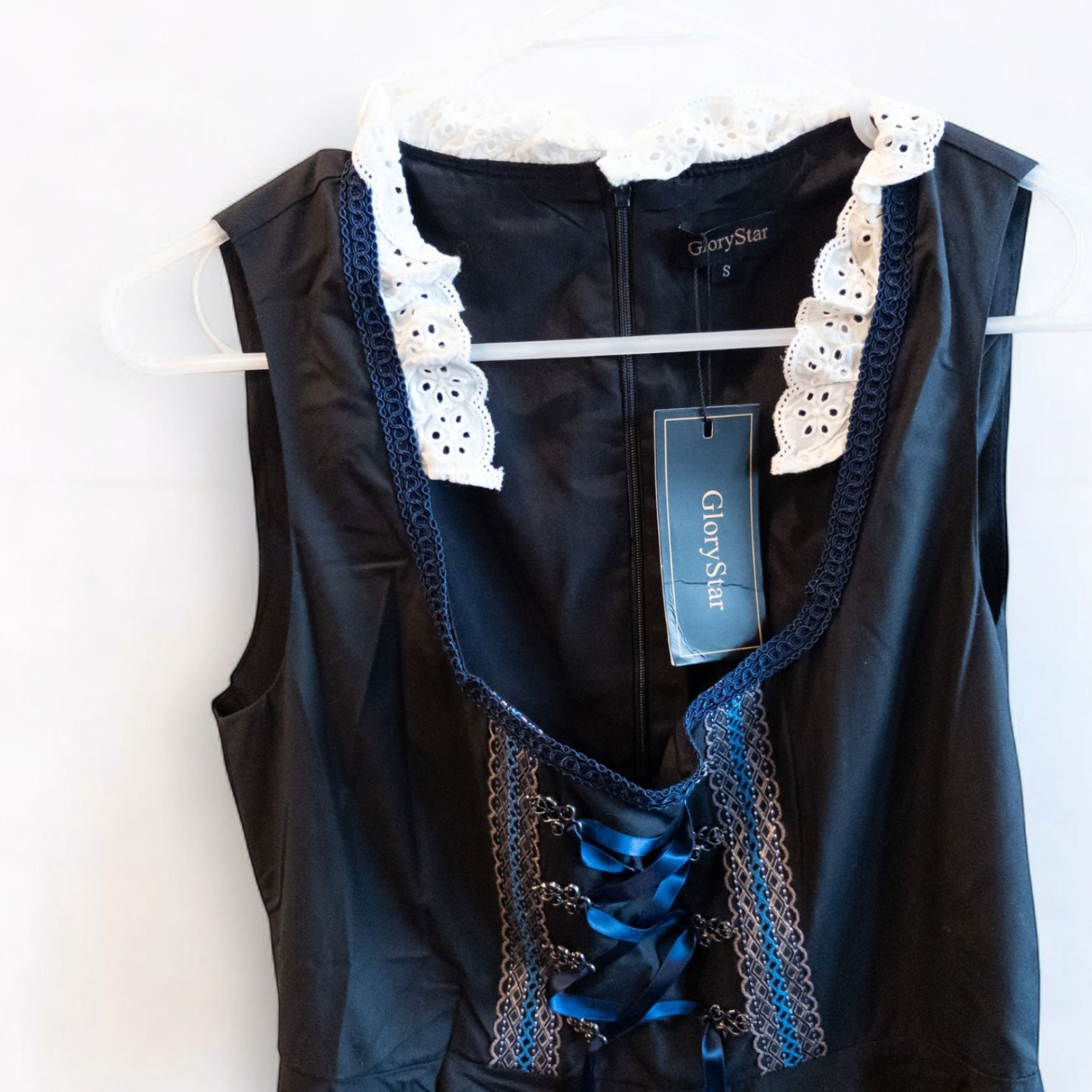 Glorystar vintage German Oktoberfest costume black dress with lace blouse and blue apron set hanging on white door image 3