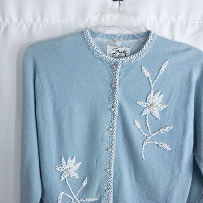 Stewart’s Vintage Pastel Blue Embroidered Rabbit Hair Cardigan Sweater Womens Small