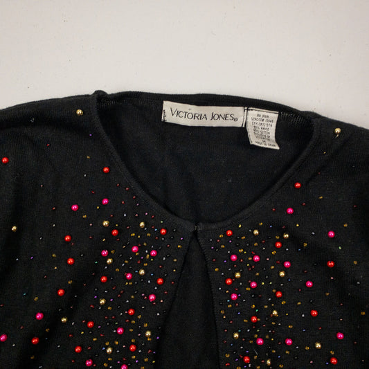 Victoria Jones Black Beaded Open Cardigan Sweater Womens Medium