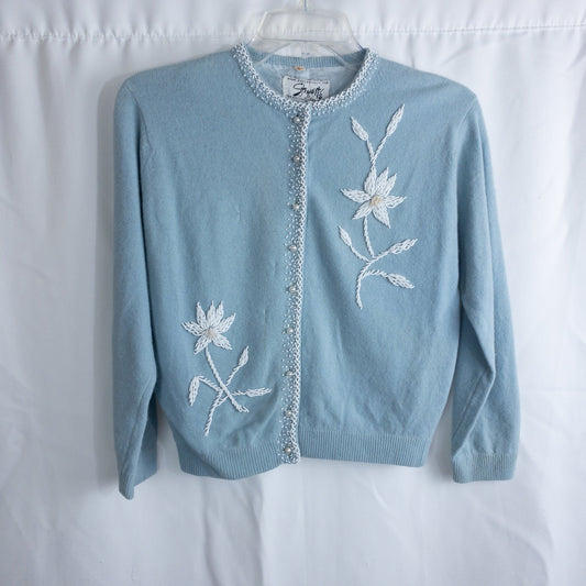 Stewart’s Vintage Pastel Blue Embroidered Rabbit Hair Cardigan Sweater Womens Small