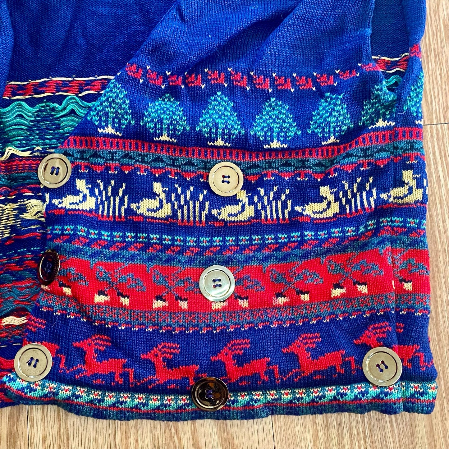 Vintage Blue Knit Cotton Christmas Holiday Sweater Vest Reindeer Womens Medium