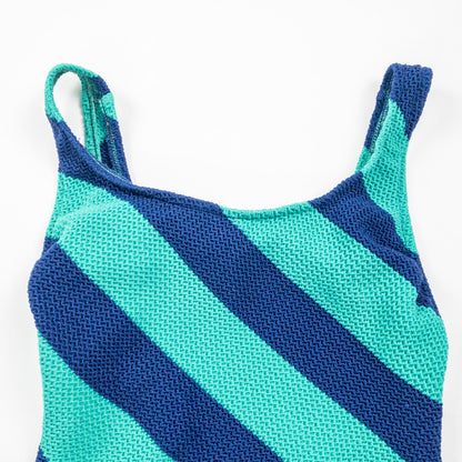 Vintage Green Blue Crochet One Piece Swimsuit Womens Medium