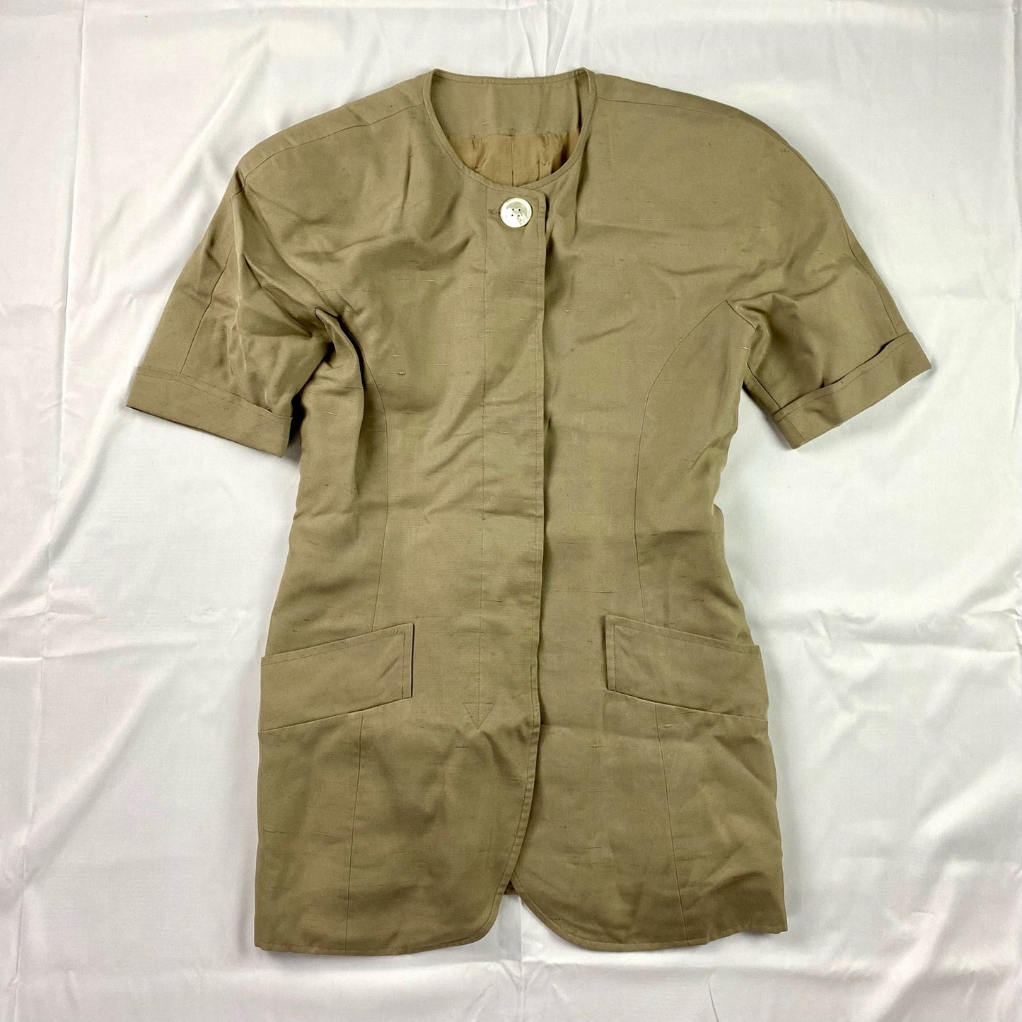 Vintage Tan Silk Structured Short Sleeve Blazer Jacket Womens Small