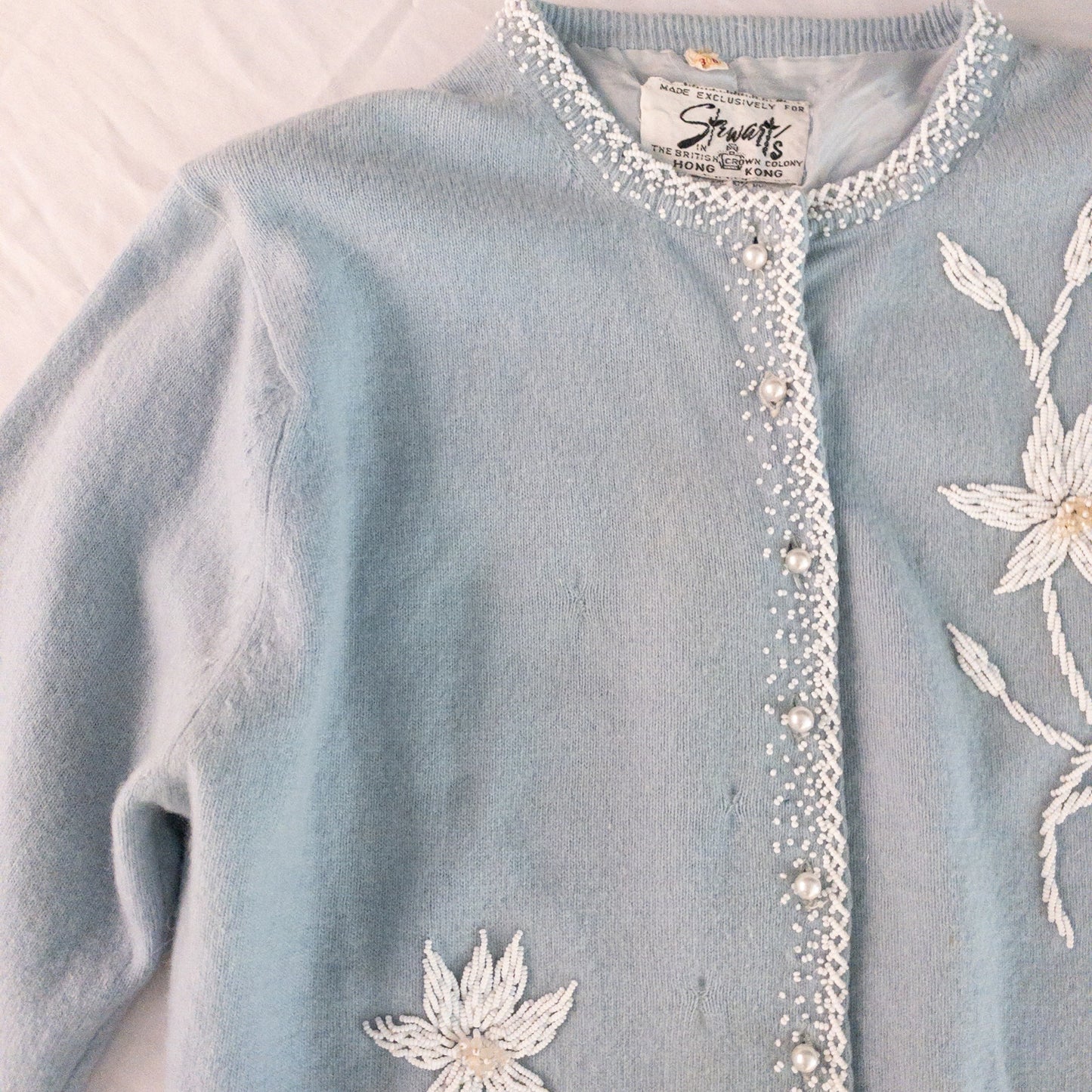 Stewart’s Vintage Pastel Blue Embroidered Rabbit Hair Cardigan Sweater Womens Small