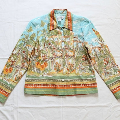 Coldwater Creek Villa Cityscape Blue Retro Linen Jacket Shacket Womens Small