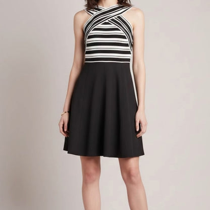 Anthropologie Maeve Black White Crosswise Stripe Fit & Flare Mini Dress Womens 6