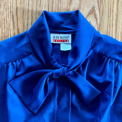 Judy Bond Vintage Blue Button-up Bow Blouse Womens 12 Petite