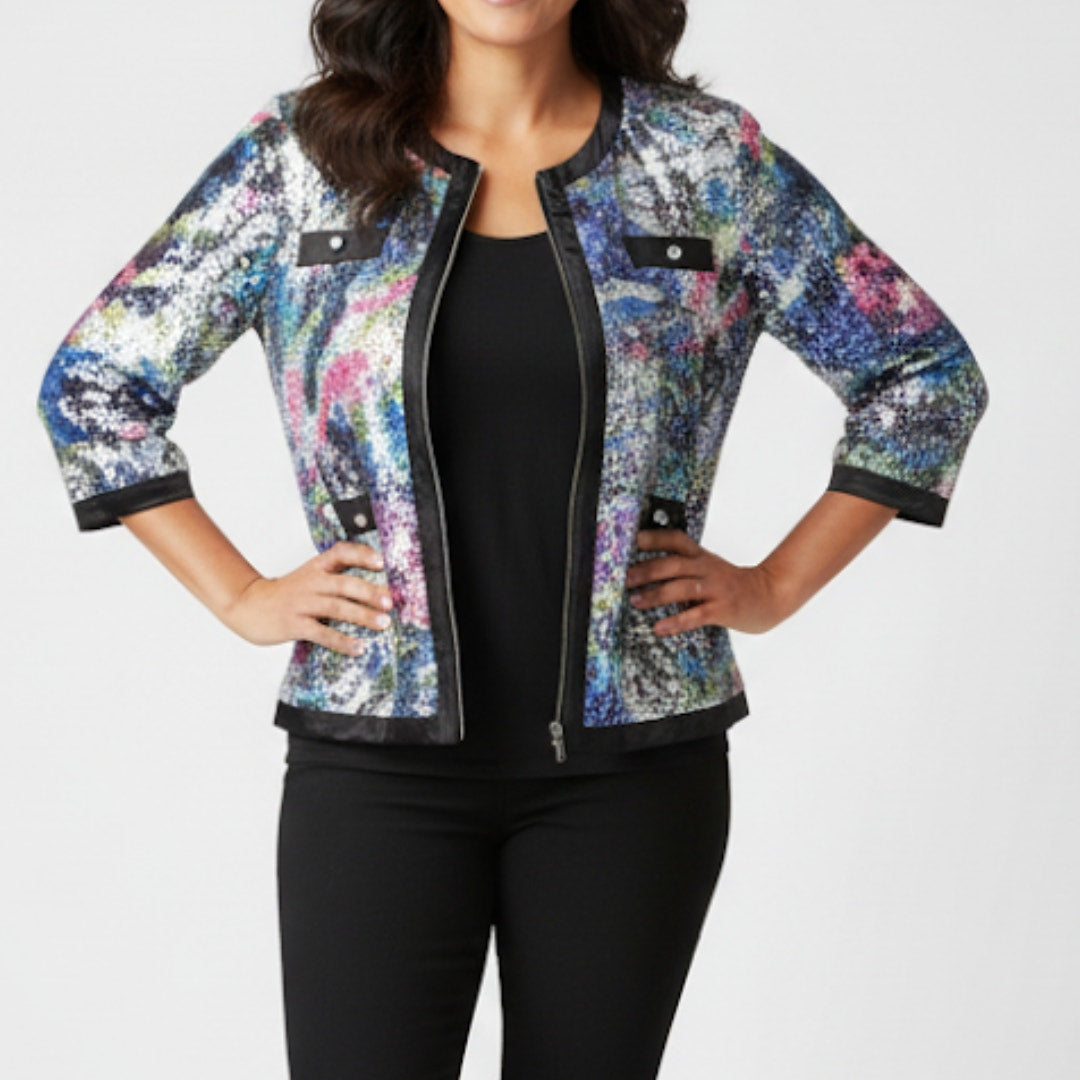 Michael Simon Multicolor Sequin Purple Bomber Jacket Shacket Womens 1X Plus