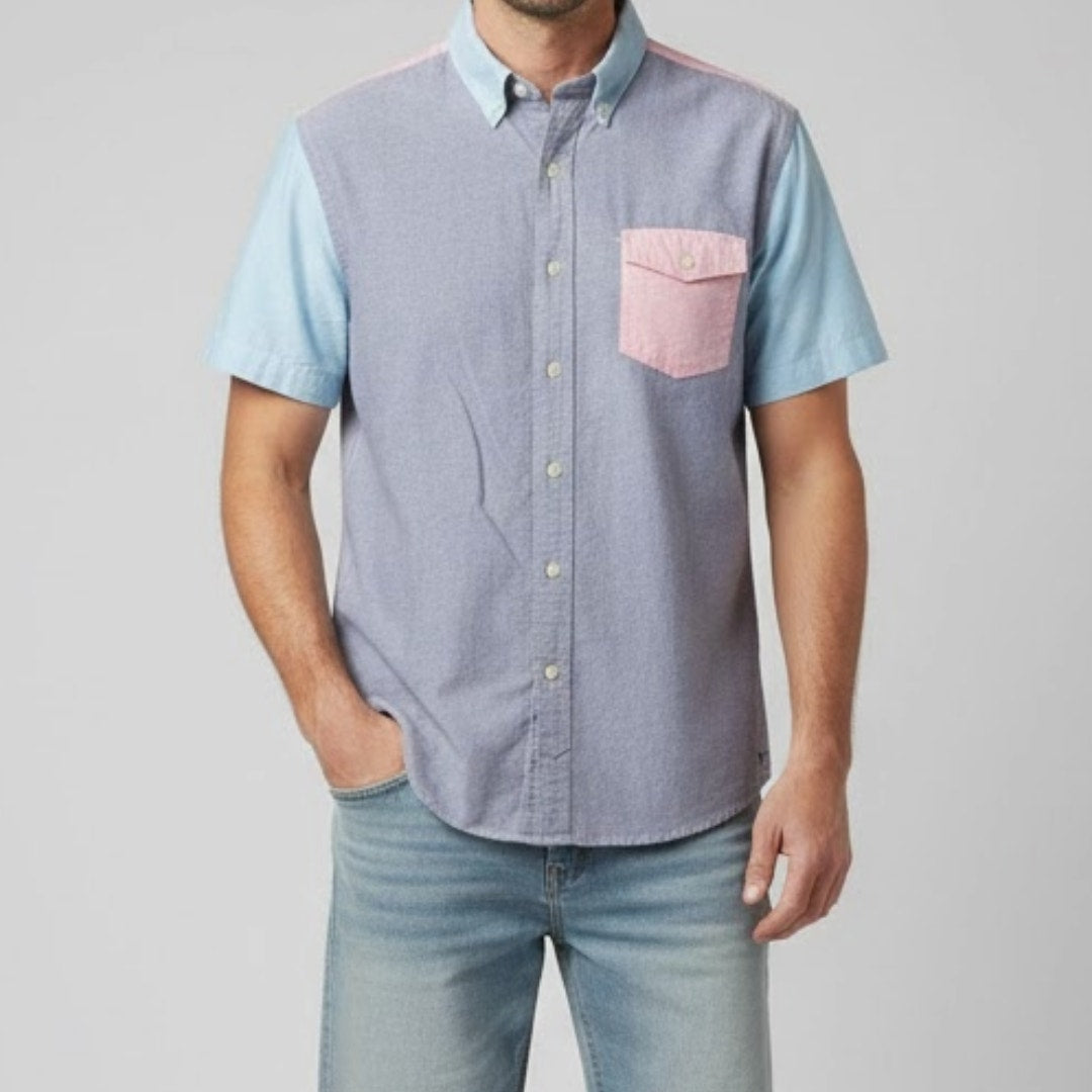 American Eagle Slim Fit Colorblock Pink Blue Button Shirt Mens Medium