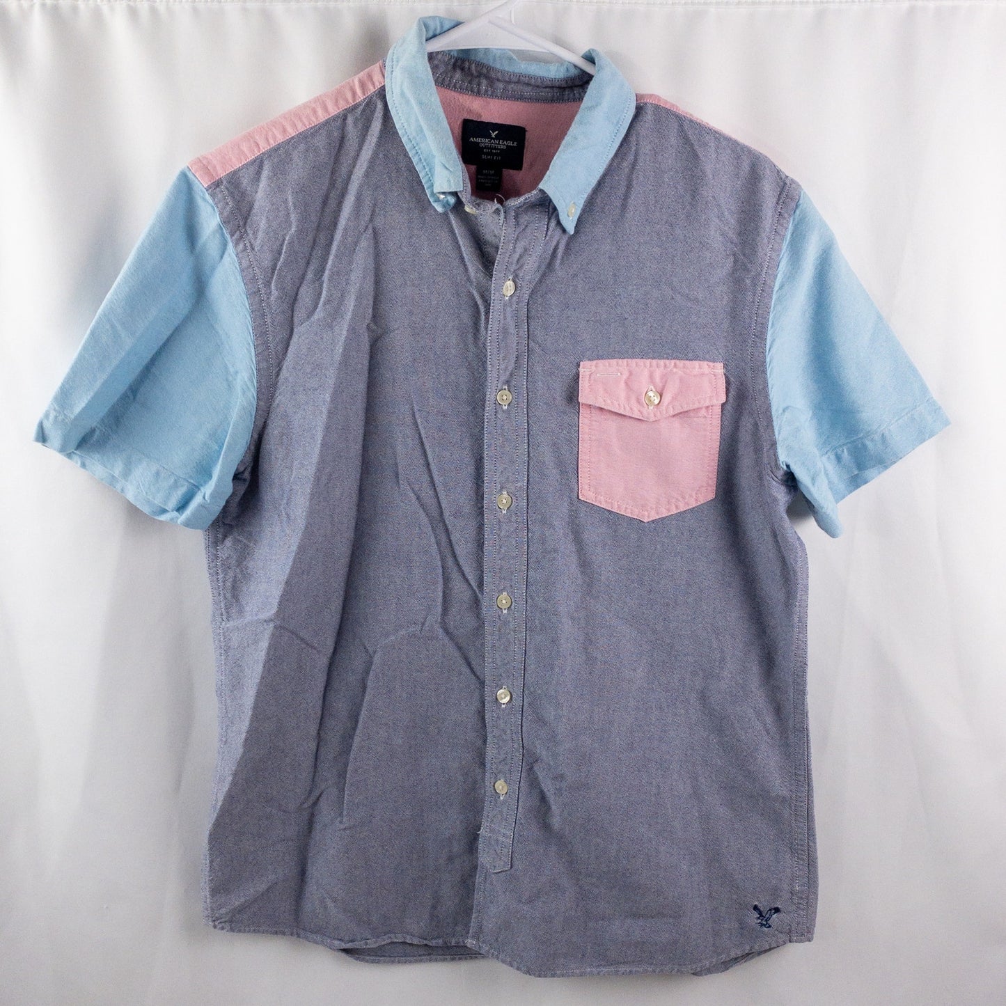American Eagle Slim Fit Colorblock Pink Blue Button Shirt Mens Medium