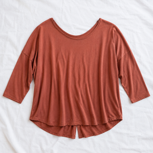 Green Envelope Orange Rust Back Button Top Womens Small