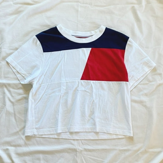 Tommy Hilfiger Y2K Colorblock Cropped White T-Shirt Top Womens Medium