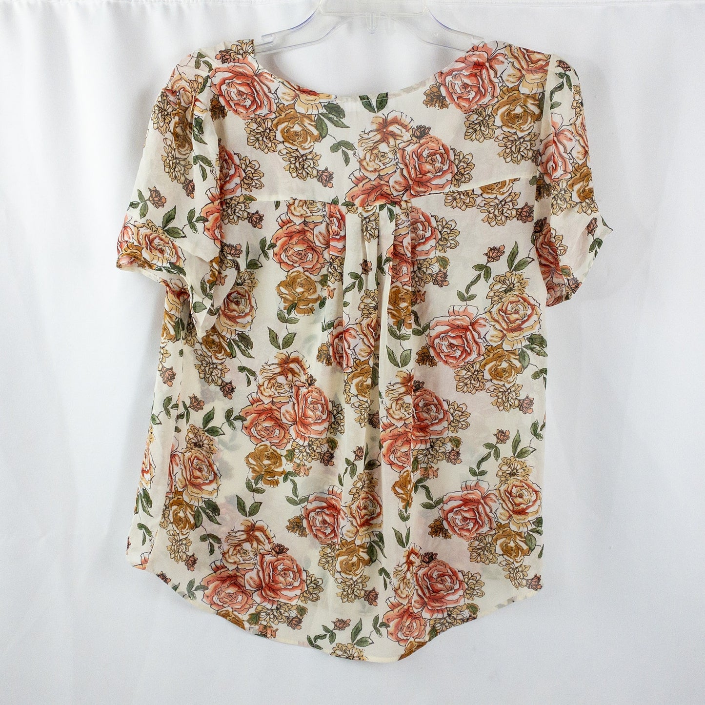 DR2 Floral Rose Beige Pink Sheer Blouse Top Womens Medium