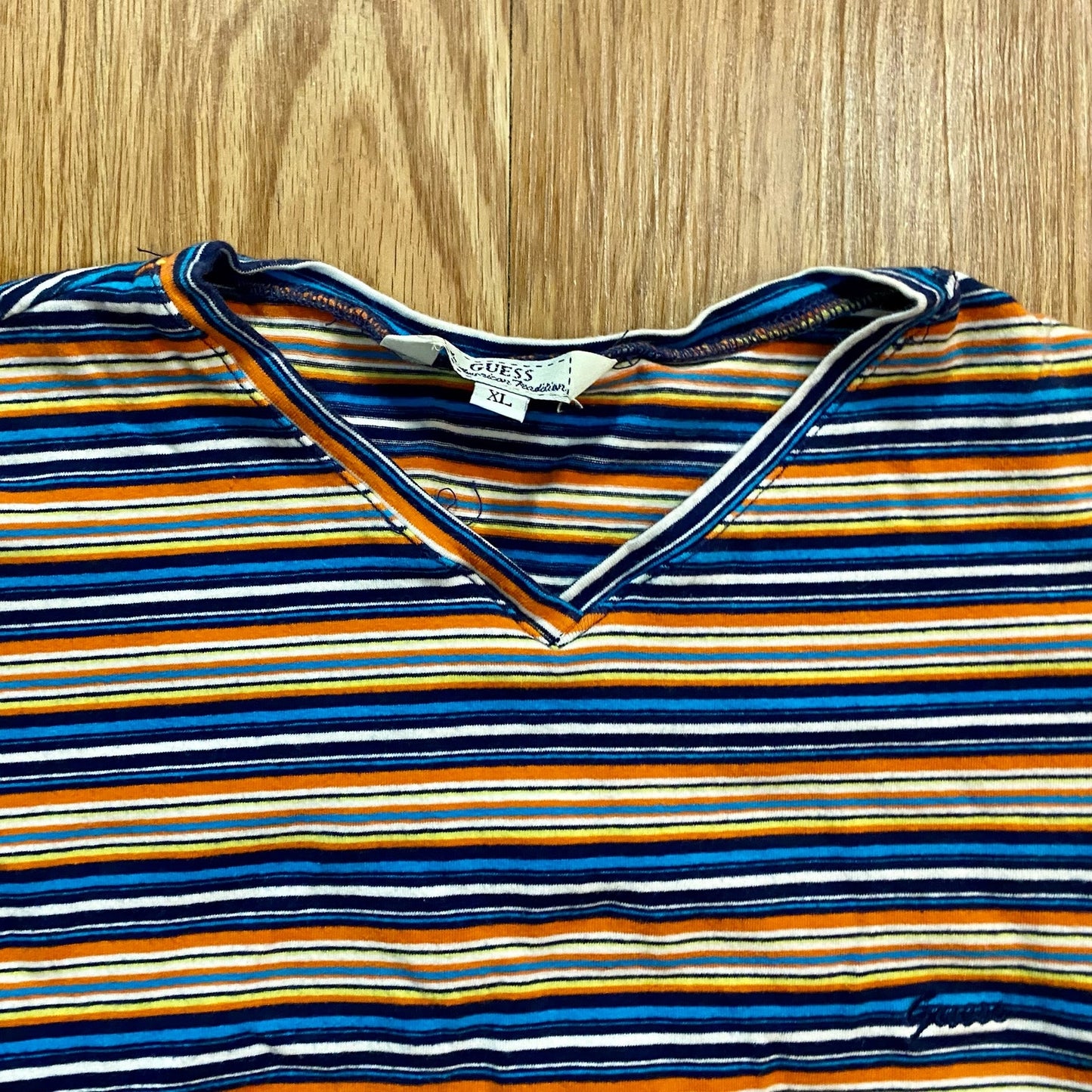Guess Y2k Blue Orange Striped Cropped Tee Shirt Youth XLarge Womens Small/Medium