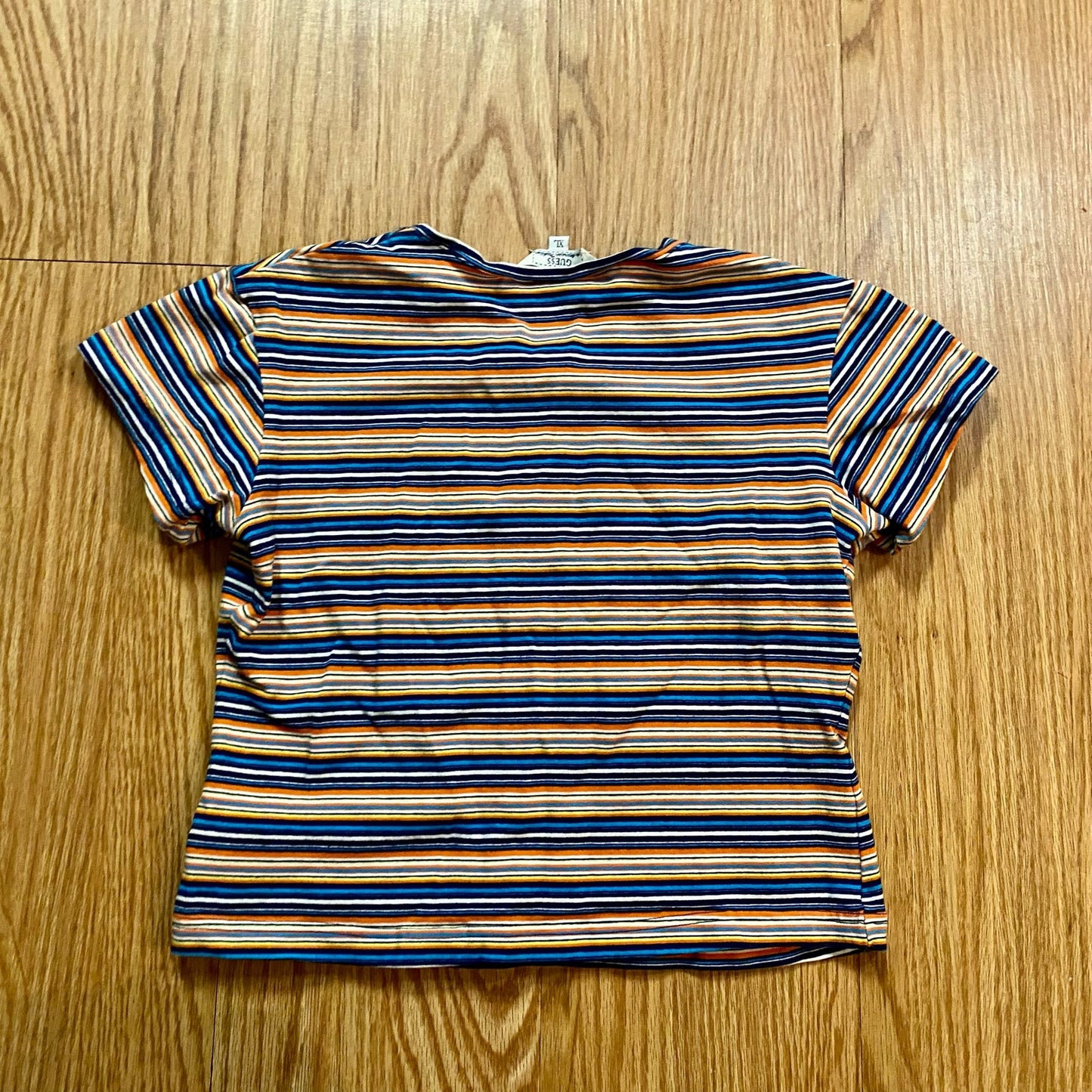 Guess Y2k Blue Orange Striped Cropped Tee Shirt Youth XLarge Womens Small/Medium