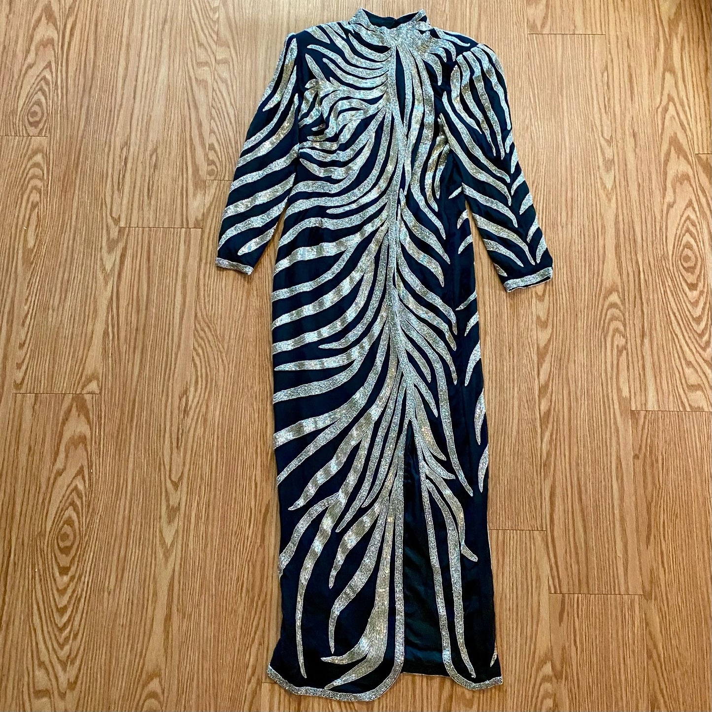 Vintage 1980s Black Beaded Silk Long Maxi Evening Gown Womens Medium