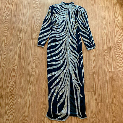 Vintage 1980s Black Beaded Silk Long Maxi Evening Gown Womens Medium
