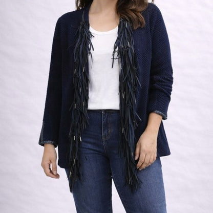 Chicos Black Knit Fringe Leather Cardigan Jacket Womens Small