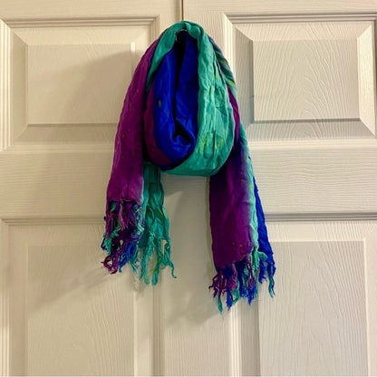 Multicolor Handmade Green & Purple Stripe Tassel Scarf Womens One Size
