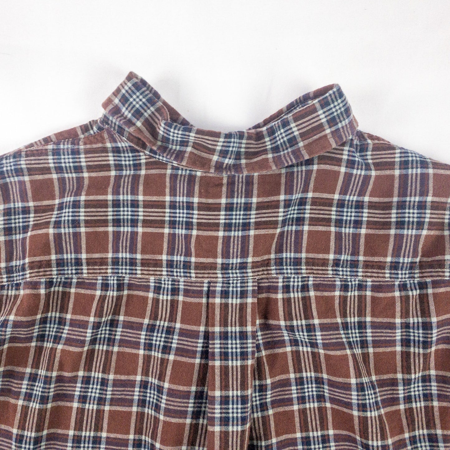 Lands End The Madras Shirt Brown Blue Striped Plaid Mens Large