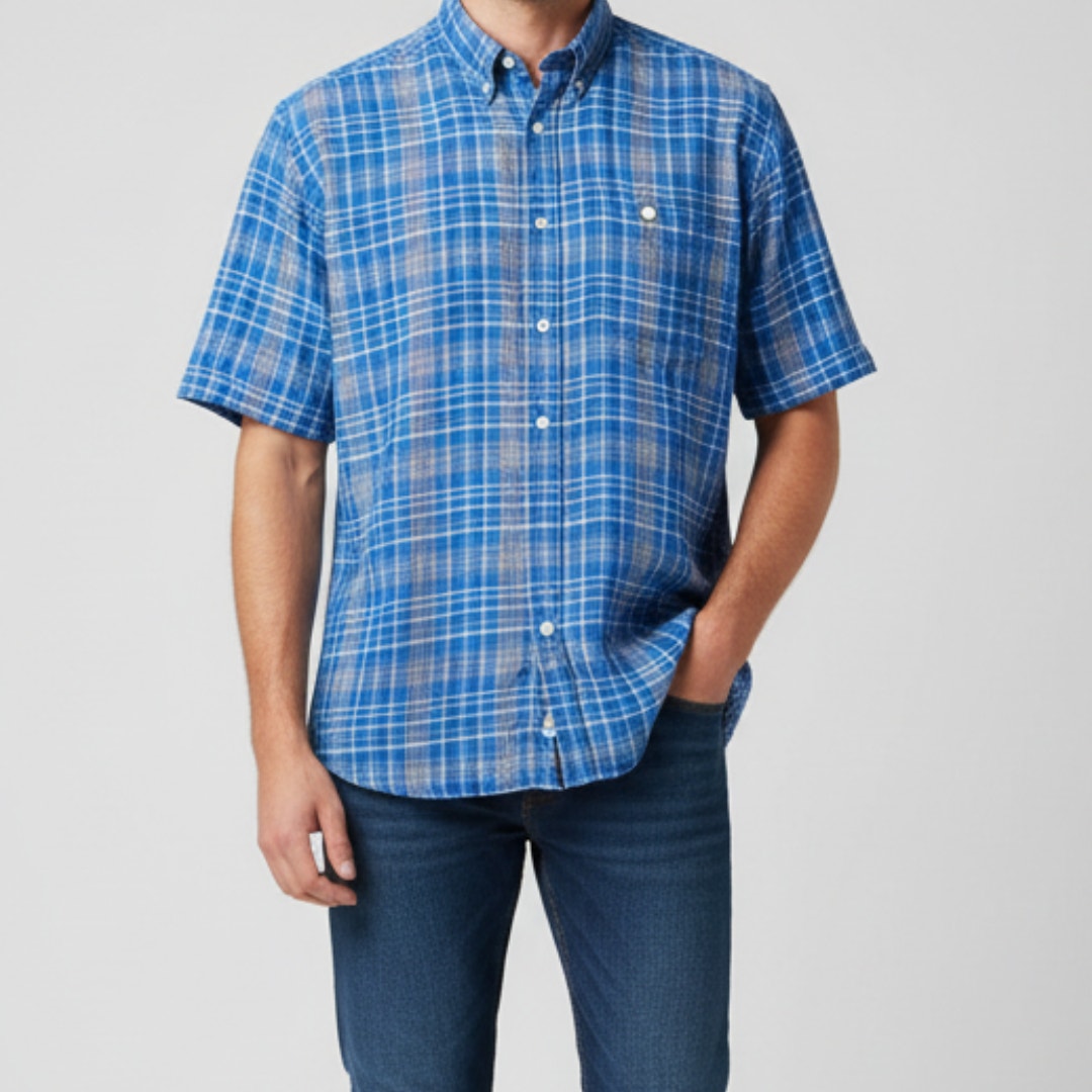 Arnold Palmer Sportswear Vintage Blue Plaid Linen Golf Shirt Mens XLarge