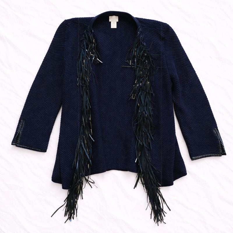 Chicos Black Knit Fringe Leather Cardigan Jacket Womens Small