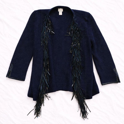 Chicos Black Knit Fringe Leather Cardigan Jacket Womens Small