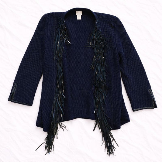 Chicos Black Knit Fringe Leather Cardigan Jacket Womens Small