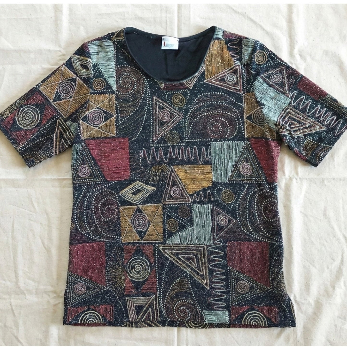 Hermann Lange Multicolor Black Red Beaded Blouse Womens 38 Small Medium
