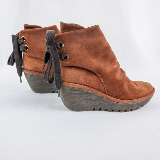 Anthropologie Fly London Suede Yama Rust Orange Ankle Booties Womens 36 US 5.5