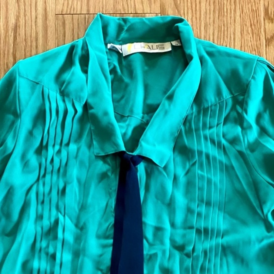 Chaus Vintage Teal Green Sheer Pleated Bow Tie Blouse Womens 12 Large