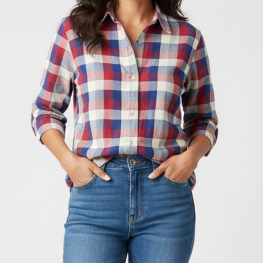 Angelique Vintage Red Striped Plaid Flannel Button-up Shirt Womens Medium